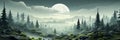 Mystical panoramic view. Fog over the mystical forest on a moonlit night. Horizontal illustration Royalty Free Stock Photo