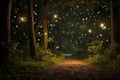 Mystical path illuminated by sparkling fireflies in captivating forest wonderland