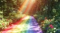 The mystical path through the magical forest shines with the colors of the rainbow. St. Patrick Day.