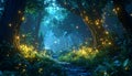 Enchanted forest path at night with magical glowing fireflies. Mystical fantasy woods landscape background. Royalty Free Stock Photo