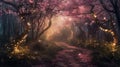 Enchanted Forest Path With Twinkling Lights at Twilight Royalty Free Stock Photo