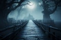 Mystical pathways wooden walkways enveloped by dense fog create an ethereal landscape