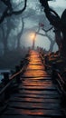 Mystical pathways wooden walkways enveloped by dense fog create an ethereal landscape