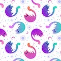 Mystical pattern with neon cats, moon and stars Royalty Free Stock Photo