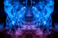 The mystical pattern of a person`s face from evaporating smoke in thin tongues is like a flame of blue on a black background.