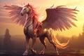 Mystical pegasus, enigmatic winged horse with dreamlike aura on peach fuzz art background