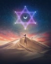 Mystical person in the desert, wears a hero cape, watching the night sky seeking the star of David symbol. Mysterious phenomena,