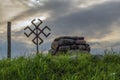 Mystical place in nature. Stone altar, ancient pagan symbols, mystic cloudy sky.