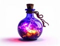 Mystical Potion Bottle with Violet Liquid and Golden Light on White Background Royalty Free Stock Photo