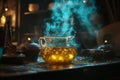 Mystical Potion in Glass Pitcher Surrounded by Enchanted Elements Royalty Free Stock Photo