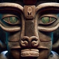 Mystical primate. Mesmerizing closeup of Mayan totem's facial form. Clay tribal sculpture. Fictional image in