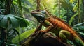 In a mystical rainforest, a colorful iguana basks