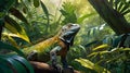 In a mystical rainforest, a colorful iguana basks