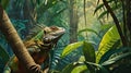 In a mystical rainforest, a colorful iguana basks