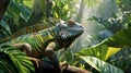 In a mystical rainforest, a colorful iguana basks