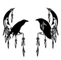 Mystical raven bird and moon crescent black and white vector tribal design set