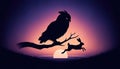 Mystical Raven and Hare Silhouette at Dusk, AI Generated