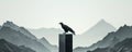 Mystical raven perched on a pillar against a backdrop of towering mountain peaks