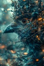 Mystical Raven Portrait with Sparkling Orbs and Ethereal Forest Atmosphere