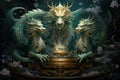 Ancient dragons with scales of emerald and gold - Generative AI