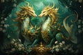 Ancient dragons with scales of emerald and gold - Generative AI