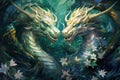 Ancient dragons with scales of emerald and gold - Generative AI