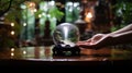 Mystical Reflections: Delicate Crystal Ball in Serene Zen Garden Royalty Free Stock Photo