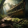 Mystical Relic: Abandoned Antique Ship Enveloped by Lush Rainforest