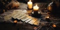 mystical ritual with candles and tarot cards, top view