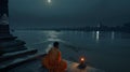 Mystical river Ganges in the moonlight, AI generated