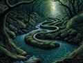 A mystical river winding its way through a lush densely wooded area. Lifestyle concept. AI generation