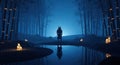 Mystical samurai warrior in tranquil bamboo forest night scene with starry sky and reflections Royalty Free Stock Photo