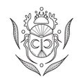 Mystical scarab beetle surrounded by leaves. Hand drawn magical doodle element for spiritual design. Line art. Vector illustration