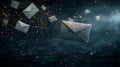 A mystical scene featuring floating envelopes in a dreamy atmosphere, illuminated by sparkling light effects in dark surroundings