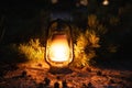 Mystical scene with old kerosene lantern in forest.