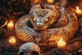 Mystical scene unfolds with a glowing serpent surrounded by candlelight and skulls, creating an atmosphere of ritual and magic Royalty Free Stock Photo