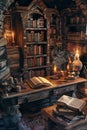 A mystical scene of a wizards study filled with arcane books and magical artifacts Royalty Free Stock Photo