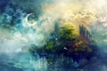 Mystical and serene landscape with elements of nature and fantasy, featuring a translucent moon, a forest, birds in Royalty Free Stock Photo