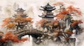 Mystical serenity. A journey across the otherworldly air bridge. Watercolor in Japanese style. Ai generated