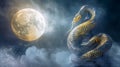 Mystical serpent coiled around an ancient temple under a full moon. Ethereal snake sculpture against a moonlit sky