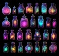 A mystical set of alchemy flasks filled with cyan and purple shades, emanating an ethereal glow, isolated on a black background.