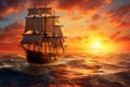 Mystical Ship sails ocean sunset. Generate Ai Royalty Free Stock Photo