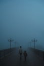 mystical silhouettes back of woman with child on a foggy bridge in the evening in autumn in fog mist