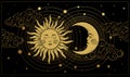 Mystical sky boho banner, golden sun and moon with a face on a black background. Magic print for astrology, tarot, witch Royalty Free Stock Photo