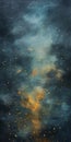 Mystical Sky: A Dark Aquamarine And Gold Painting With A Rainbow Of Stars