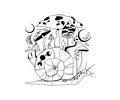 Mystical snail and magic mushrooms isolated clip art, hand drawn mysterious trippy composition with celestial animal