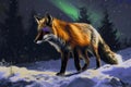 Mystical Snowscape: Fox Under Northern Lights.