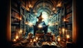 Mystical sorcerer is deep in thought in an ancient library, surrounded by magical artifacts and books, delving into the Royalty Free Stock Photo