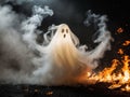 mystical spooky glowing ghost figure emerging from fire flames fantasy eerie dramatic scene. Royalty Free Stock Photo