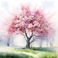 Mystical Spring Sakura Bloom. Cherry tree with pink blossoms stands amidst fog, creating tranquil scene. Watercolor